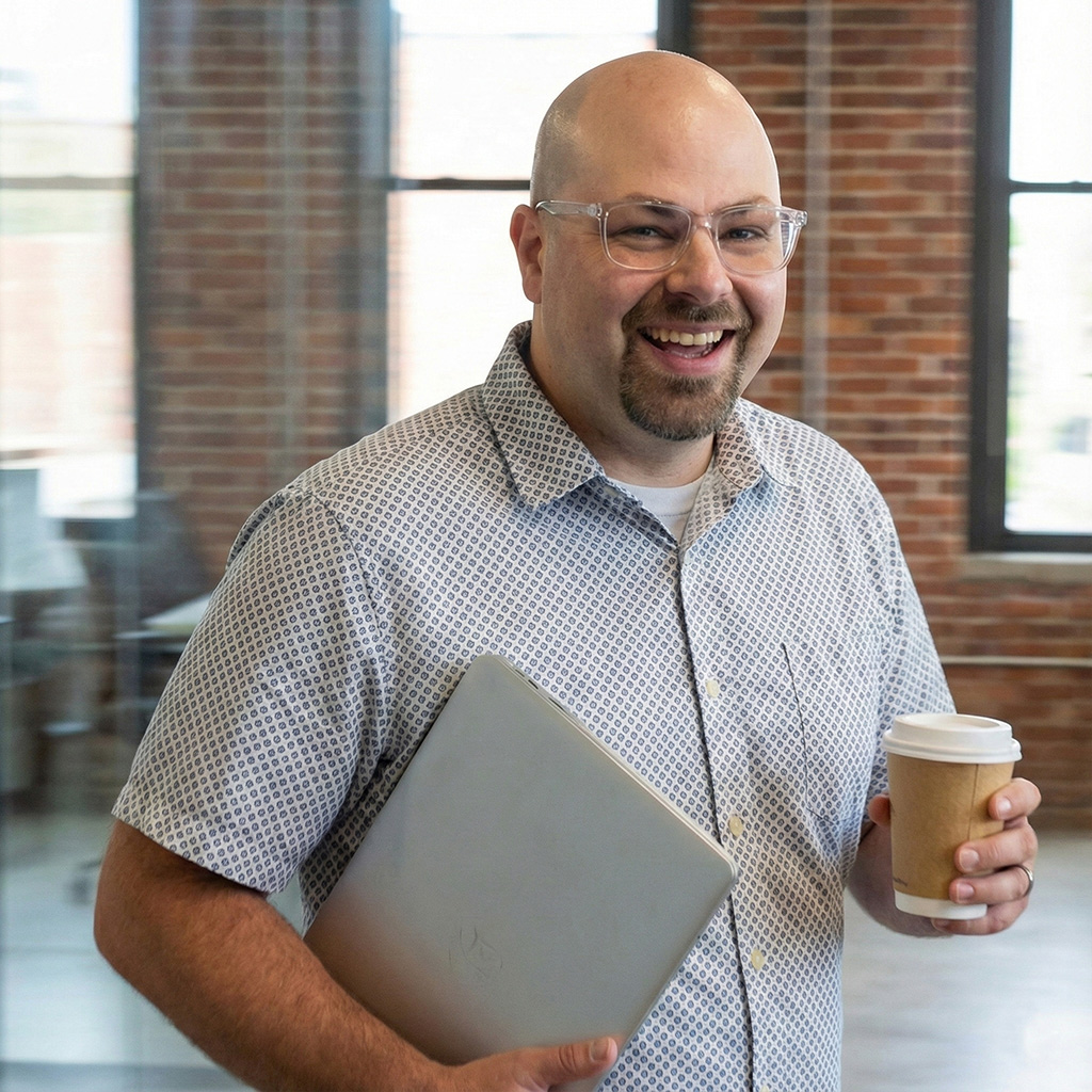 Simon standing outside a conference room, laptop under his arm and walking to the next meeting